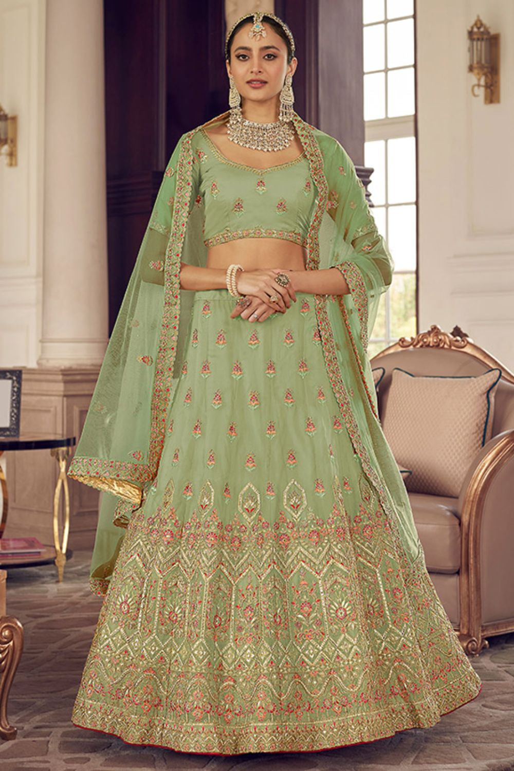 Green Elite Bridal Sangeet Lehenga Choli In Organza SFARY11915