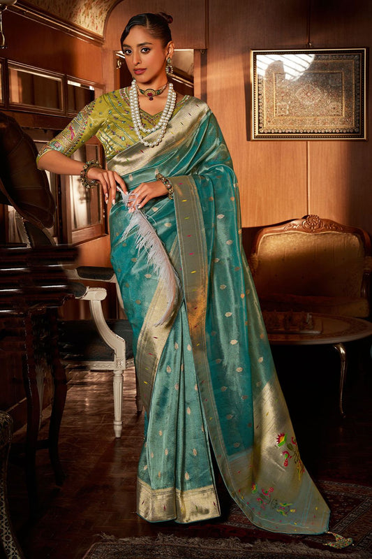 Turquoise Wedding Ceremonial Paithani Silk Sarees SFRELS5003