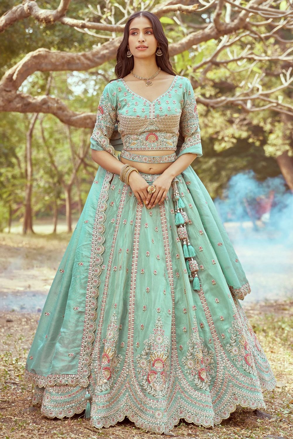 Green Tissue Silk Wedding Reception Lehenga Choli SFROY522477