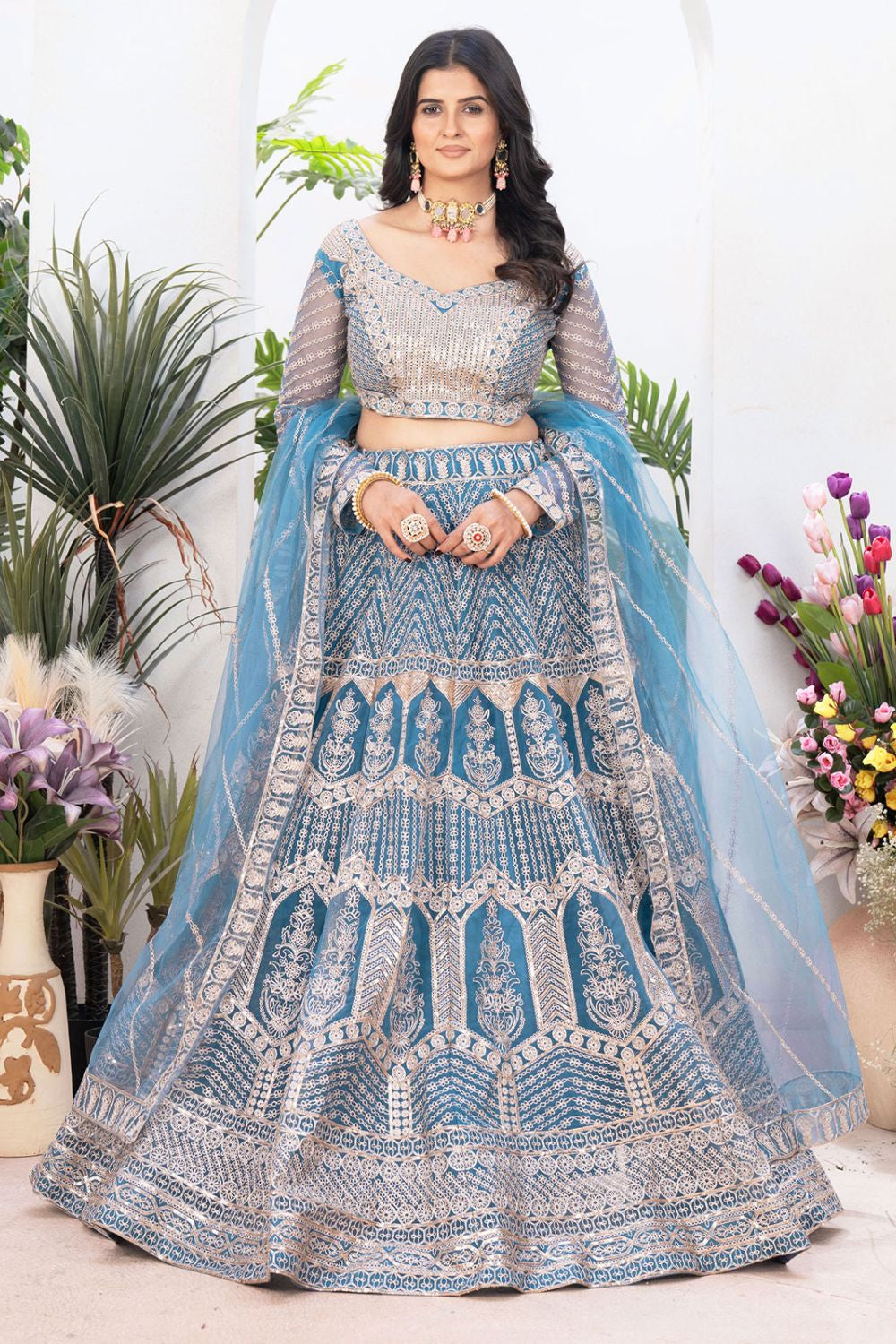 Blue Net Lehenga Choli SFRELS3812