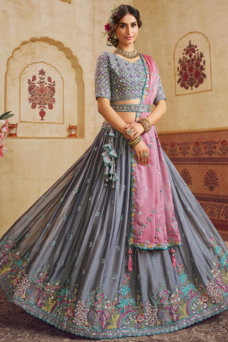 Grey Silk Lehenga Choli - SFROY553902