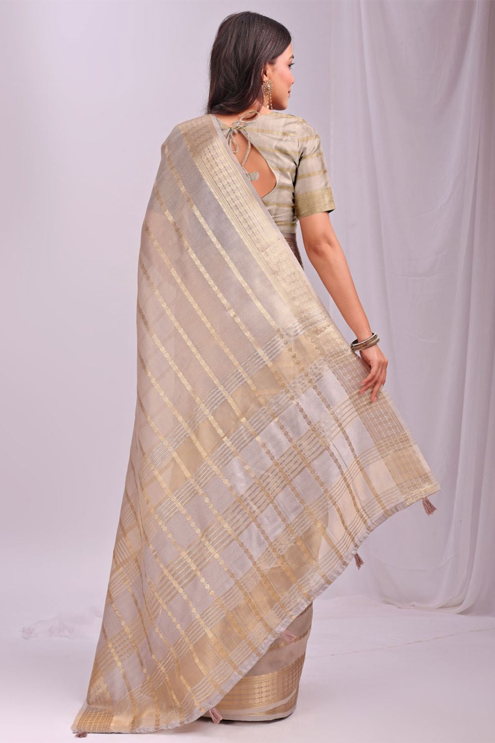 Cream Organza Saree Blouse Printed Work SFAST11506