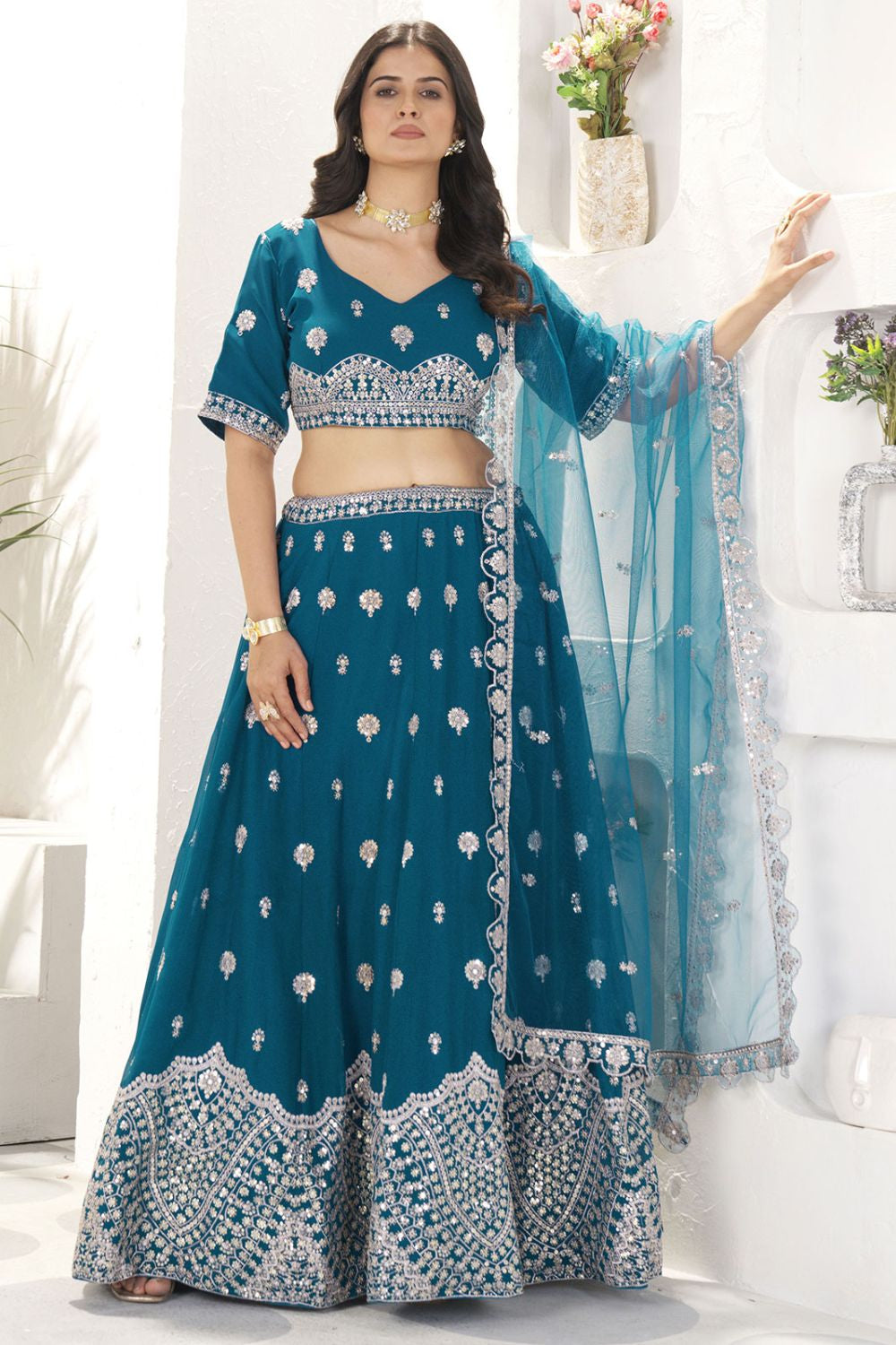 Blue Georgette Lehenga Choli With Zari And Resham Work SFRELS3807