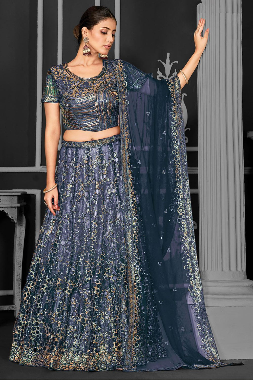 Blue Net Reception Wedding Party Lehenga Choli SFDIW44411