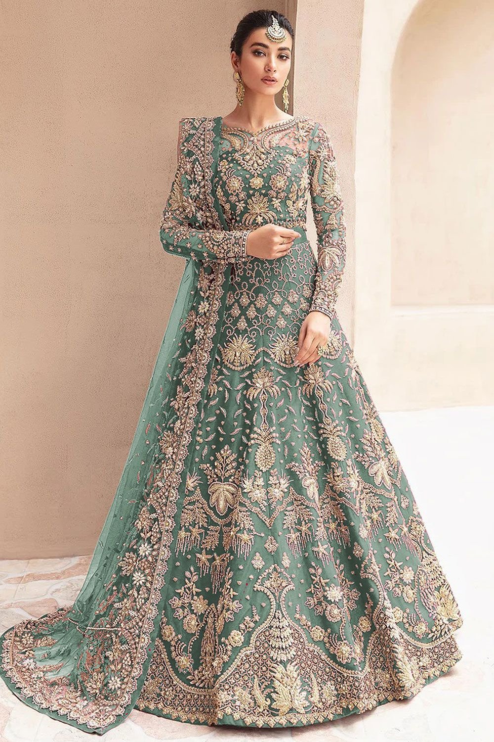 Green Net Wedding Sangeet Anarkali Gown Suit SFSA485203