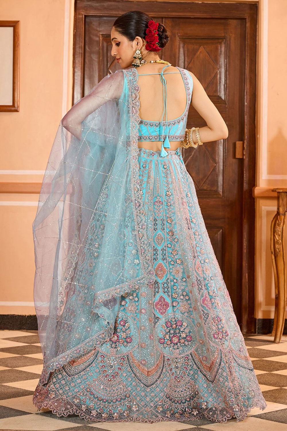Turquoise Net Wedding Sangeet Lehenga Choli SFPRF265613