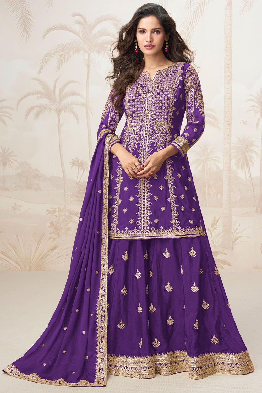 Purple Silk Palazzo Suit SFYS155404R