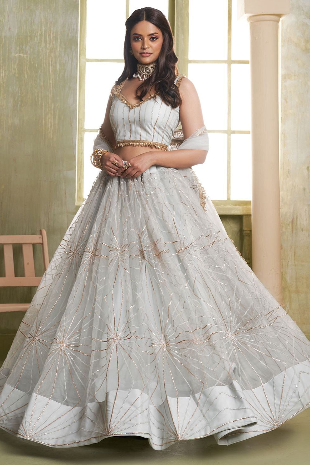 White Evening Wedding Net Wedding Lehenga Choli SFSA482602