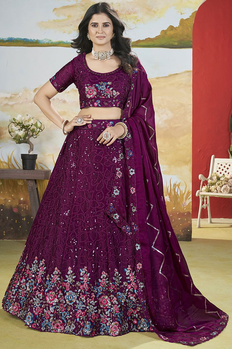 Magenta Chinnon Wedding Party Lehenga In Flower Pattern SFANJ2949