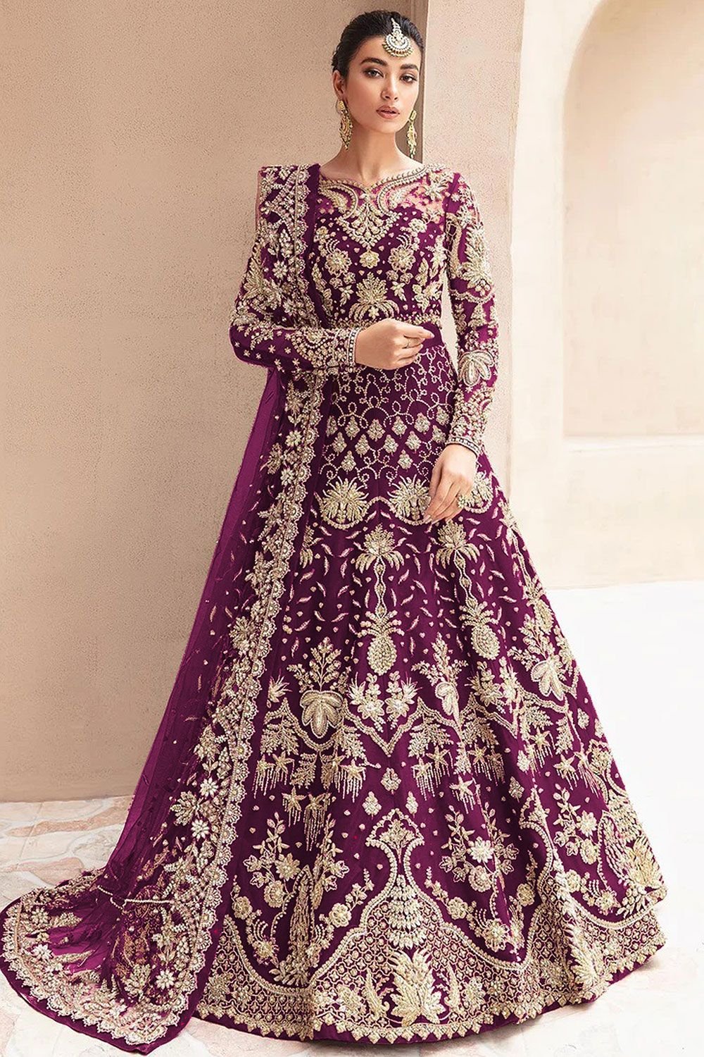 Burgundy Net Wedding Sangeet Anarkali Gown Suit SFSA485204