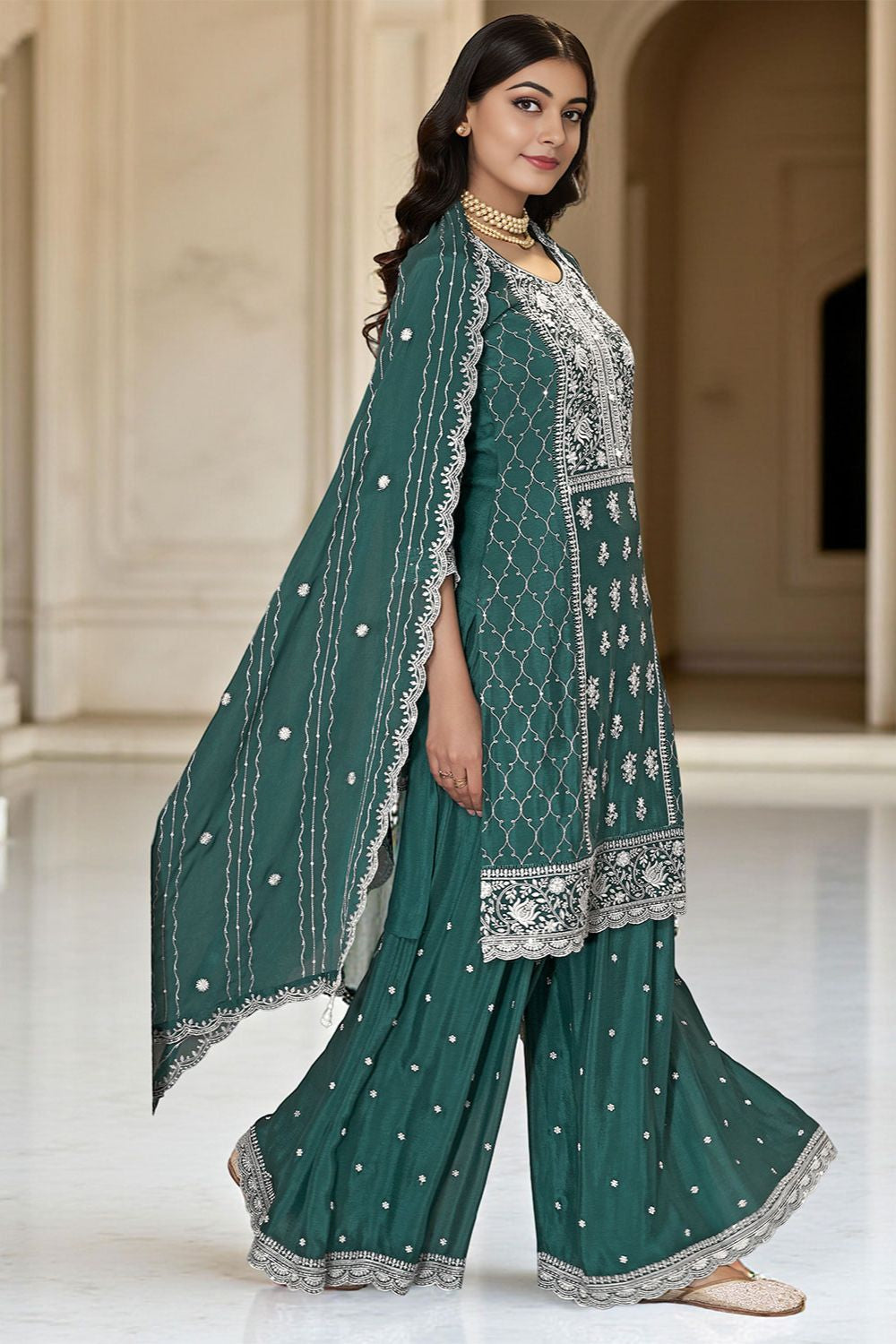 Green Chinnon Sangeet Ceremonial Palazzo Suit SFANB72202R