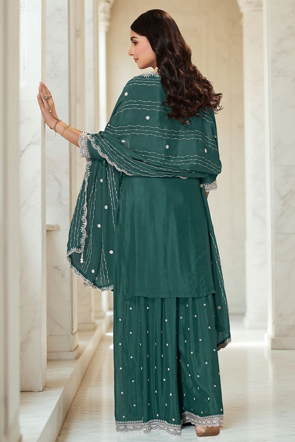 Green Chinnon Sangeet Ceremonial Palazzo Suit SFANB72202R