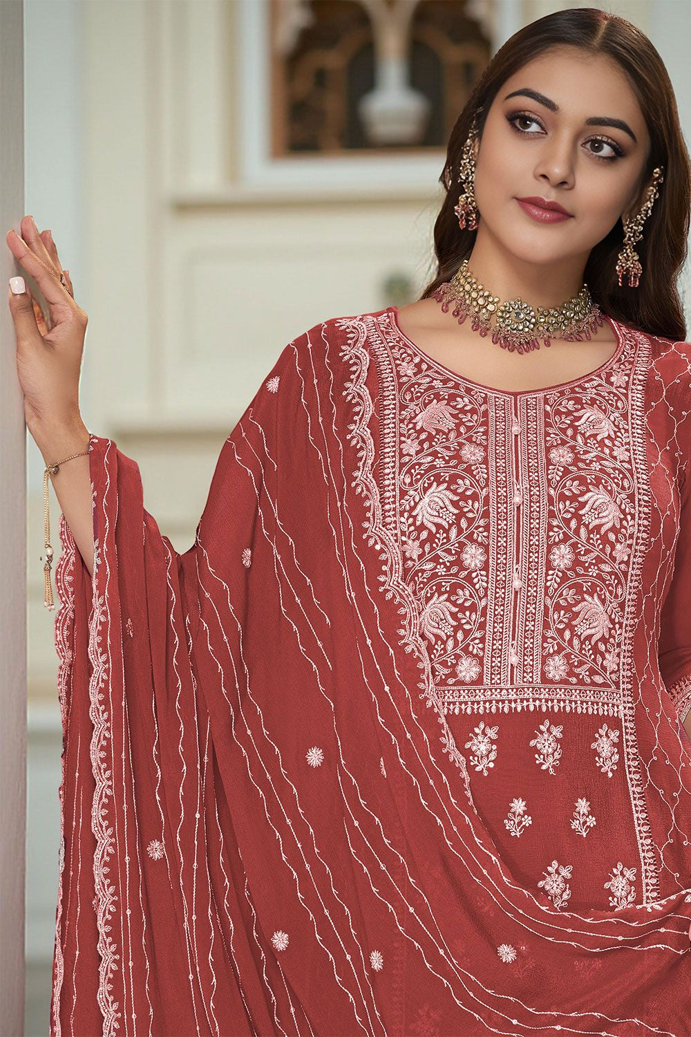Orange Chinnon Sangeet Ceremonial Palazzo Suit SFANB72203R