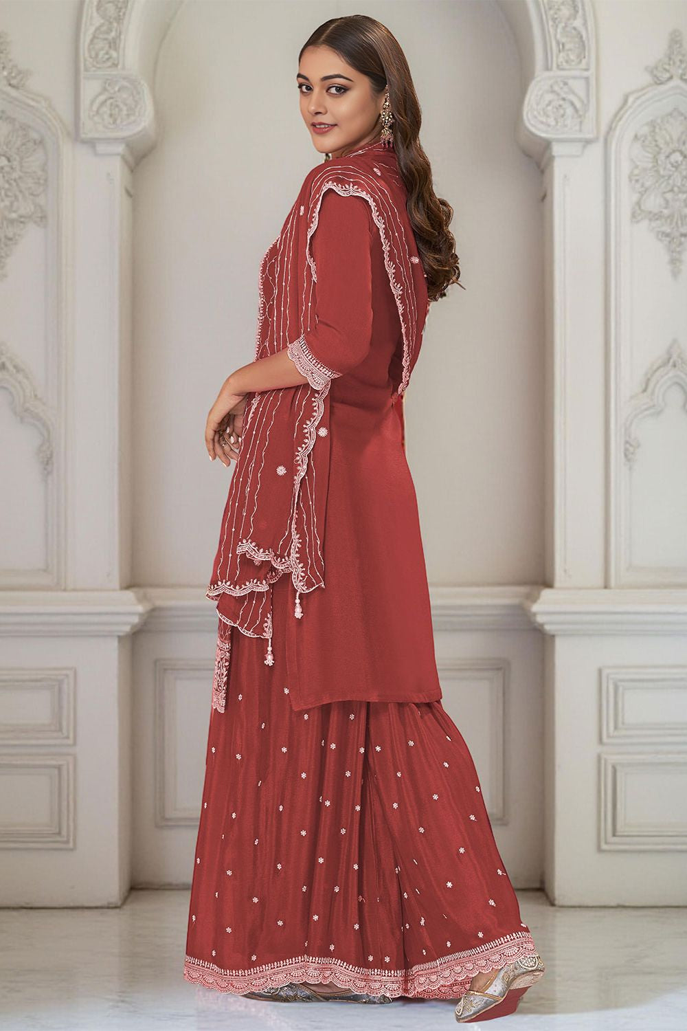 Orange Chinnon Sangeet Ceremonial Palazzo Suit SFANB72203R