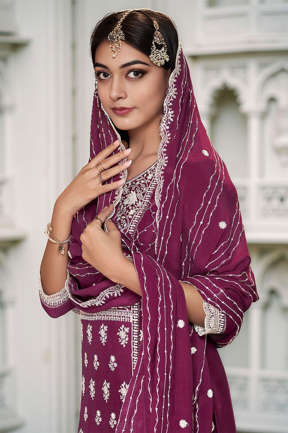 Burgundy Chinnon Sangeet Ceremonial Palazzo Suit SFANB72204R