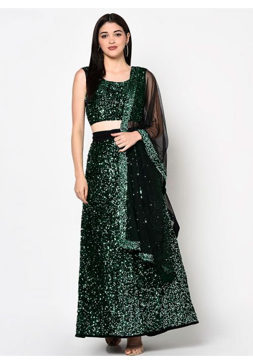Green Black Sequin Velvet Indian Wedding Party Lehenga Choli SROY381202 - Siya Fashions