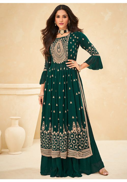 Green Heavy Long Palazzo Sharara Suit In Georgette SFSA333402
