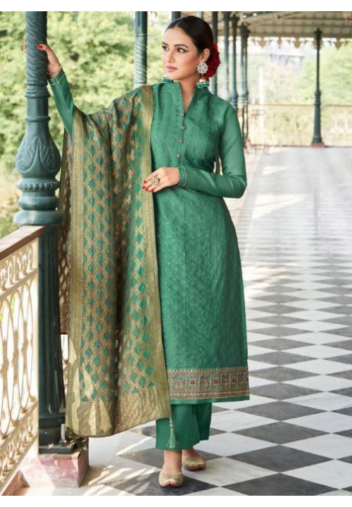 Green Tussar Silk Plus Size Palazzo Suit SFSA307702 - Siya Fashions