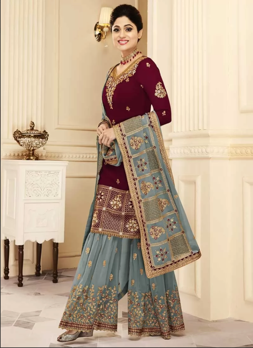 Maroon Bridal Indian Evening Party Palazzo Suit SFZ119180 - Siya Fashions