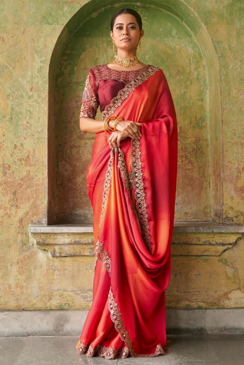 Red Wedding Party Satin Saree In Embroidery Work SFSADK3574 - Siya Fashions