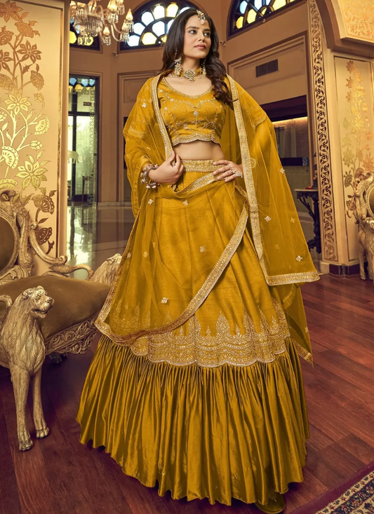 Yellow Sangeet Bridal Lehenga Choli Set In Silk SIF129301