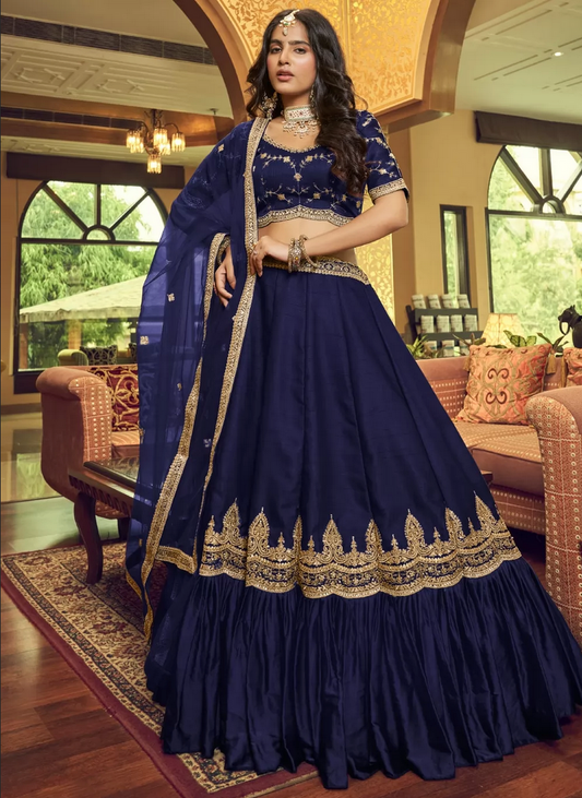 Blue Sangeet Bridal Lehenga Choli Set In Silk SIF129300