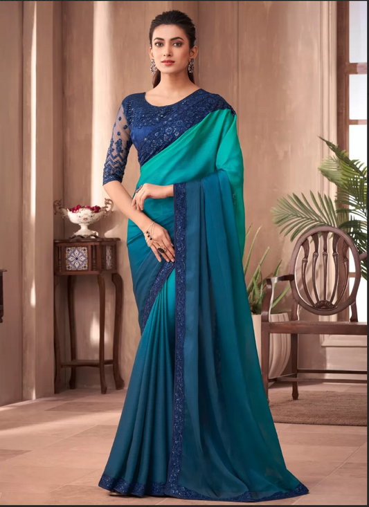 Turquoise Shimmer Wedding Party Evening Saree SFZ131189