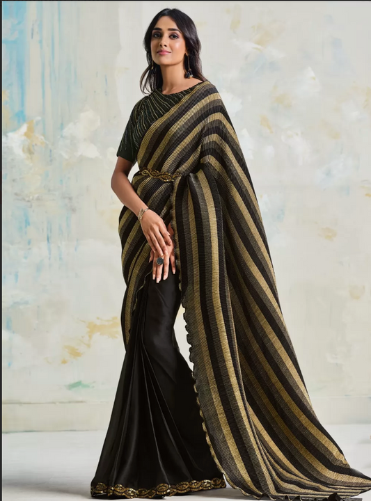 Black Satin Silk  Wedding Saree Strip Prints SFZ126984