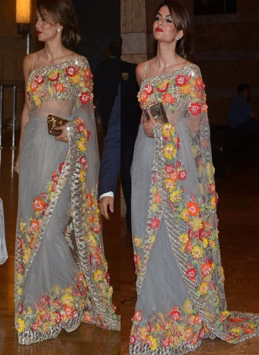 Bollywood Grey Party Saree With Floral Work SF40SAR - Siya Fashions