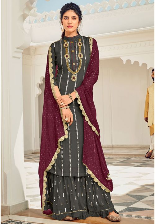 Slate Black Indian Pakistani Wedding Palazzo Suit In Georgette SFFK5003 - Siya Fashions