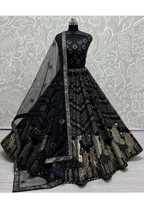 Black Indian Designer Heavy Net Bridal Lehenga Set SFANJ2177 Fully Stitched - M ( Chest Size 36 ) / Black / Net