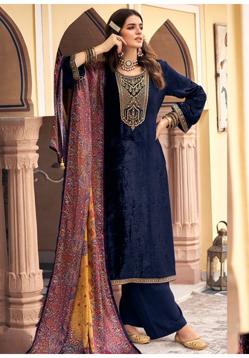 Blue Velvet Indian Sangeet Plus Size Palazzo Suit SFSTL22106
