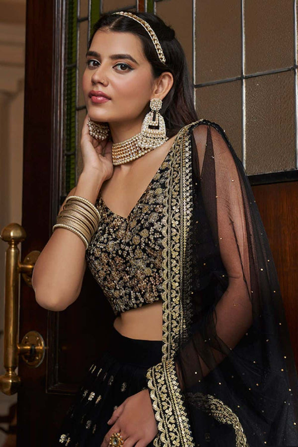Black Evening Party Georgette Lehenga Choli With Sequins Zari Work SFARY15801