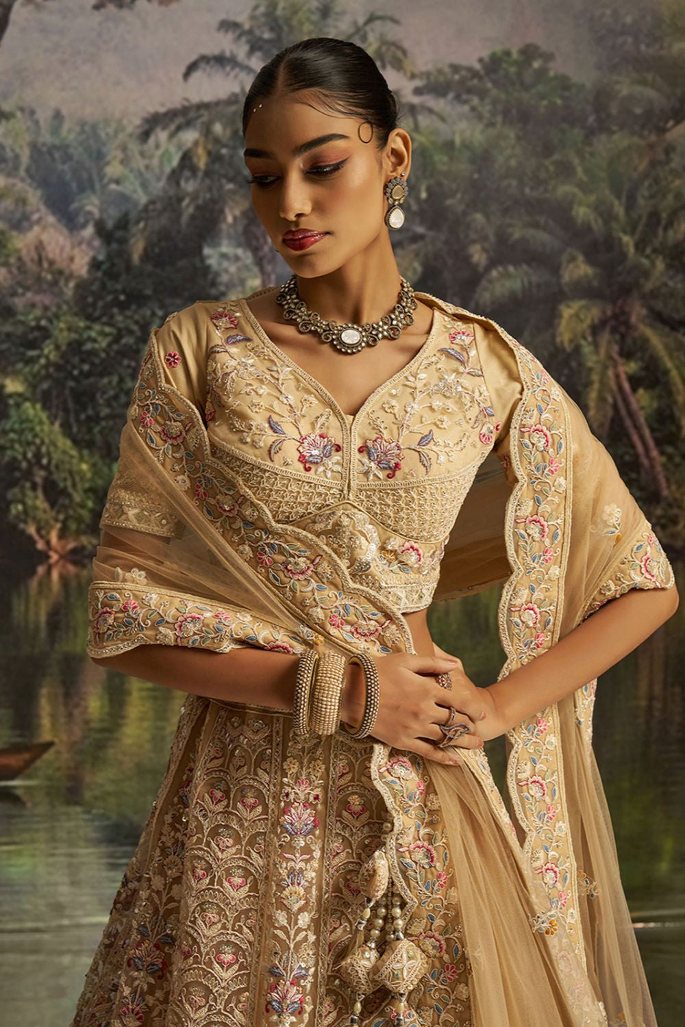 Cream Net Lehenga Choli SFARY22801