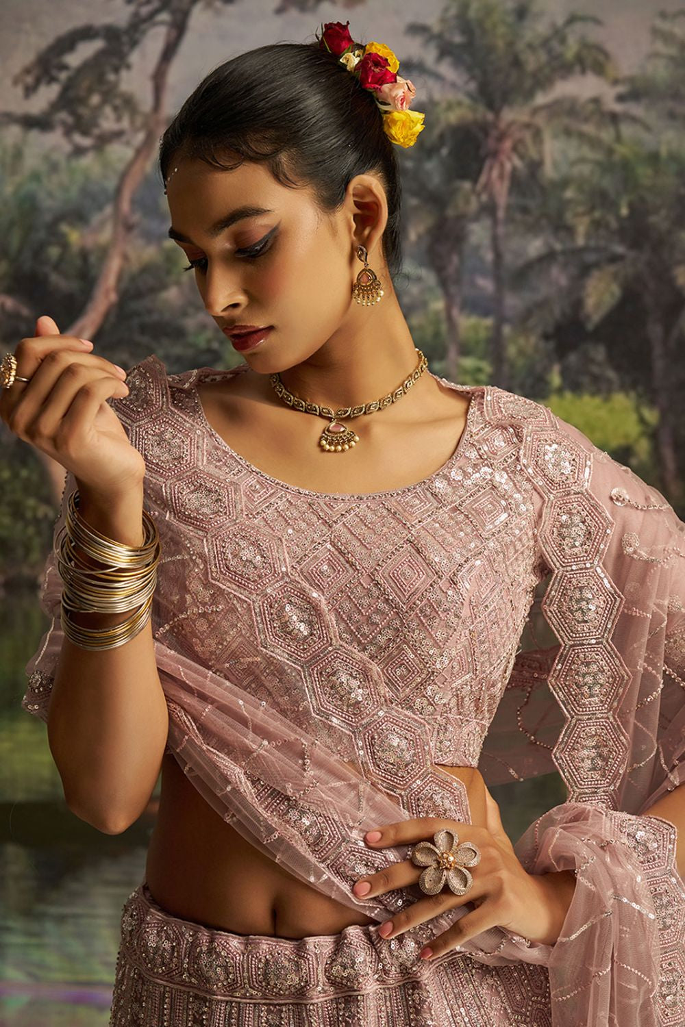 Pink Net Lehenga Choli SFARY22806
