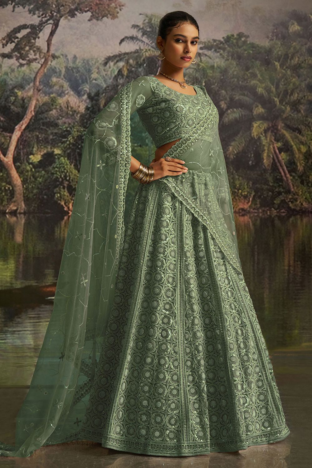 Green Net Lehenga Choli SFARY22808