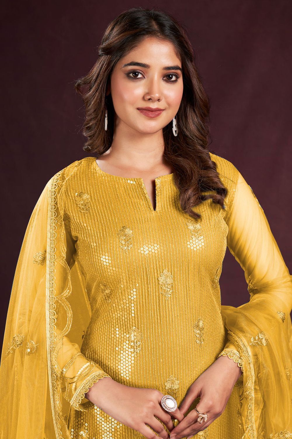 Plus Size Yellow Salwar Suit In Net SFYS114801A