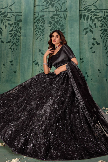 Black Wedding Party Sangeet Net Lehenga Set SFYS143202
