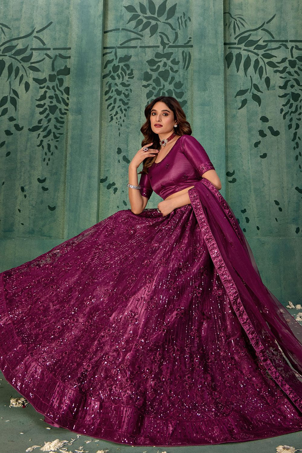 Burgundy Wedding Party Sangeet Net Lehenga Set  SFYS143204