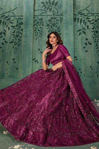 Burgundy Wedding Party Sangeet Net Lehenga Set  SFYS143204