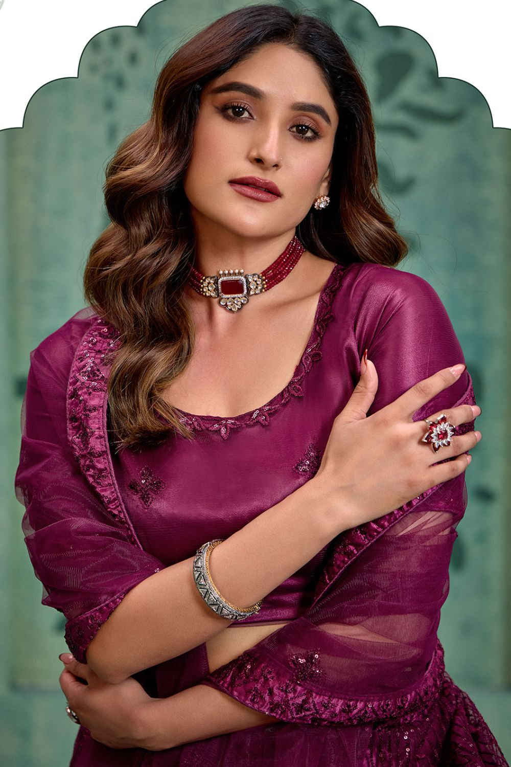 Burgundy Wedding Party Sangeet Net Lehenga Set  SFYS143204