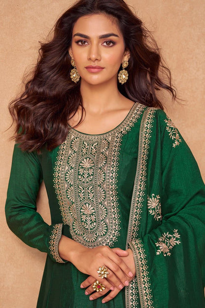 Green Wedding Sangeet Silk Anarkali Suit SFSMT41401