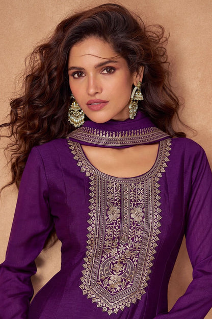 Purple Wedding Sangeet Silk Anarkali Suit SFSMT41402