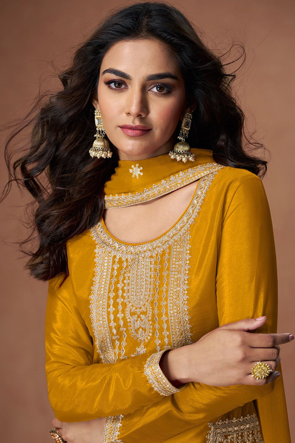 Yellow Culture-wrapped Chinnon Silk Palazzo Suit  SFYS155905R