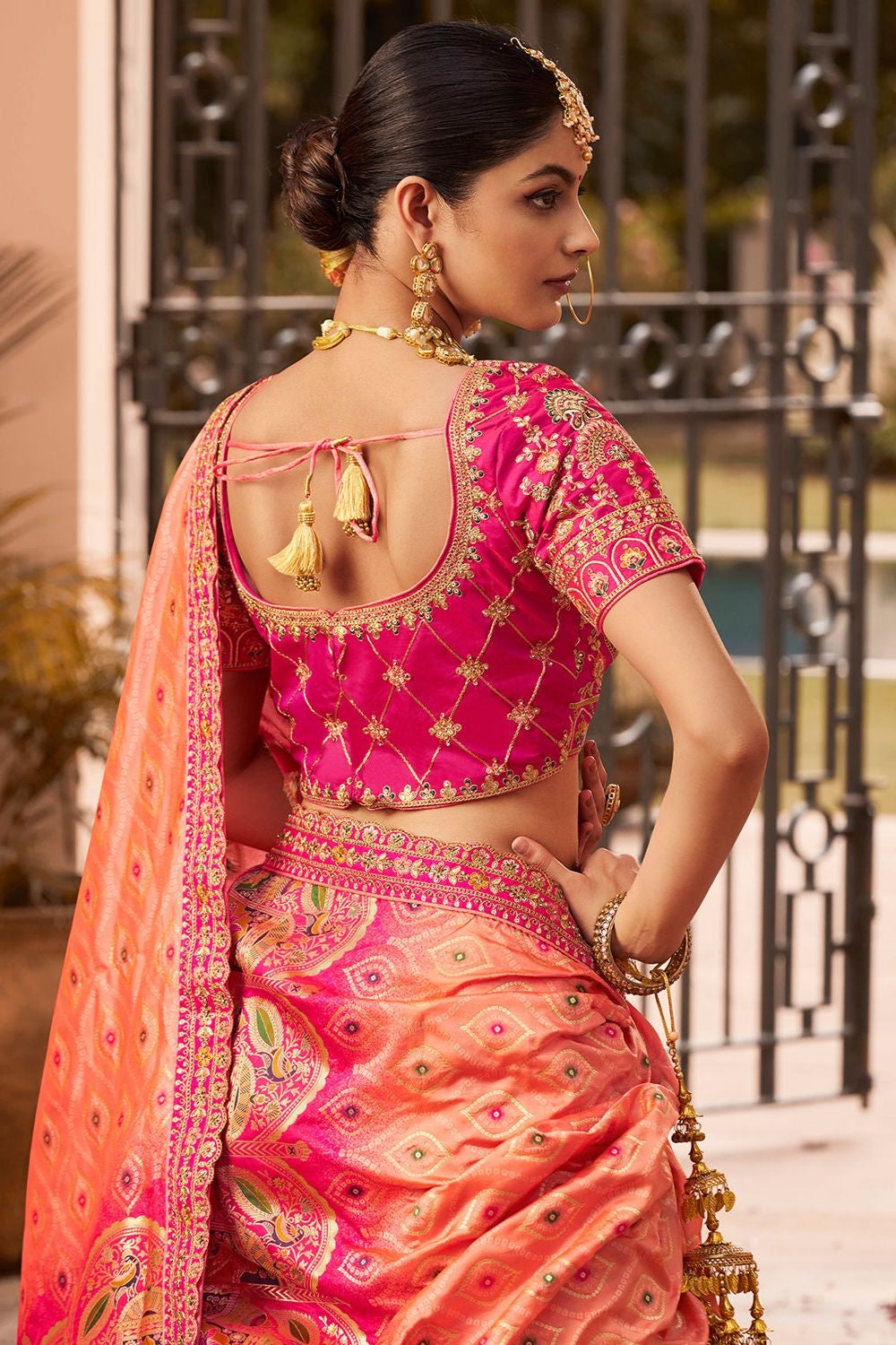 Pink Banarasi Bridal Lehenga Choli In Zarkan Cut Work SFSJDN30801