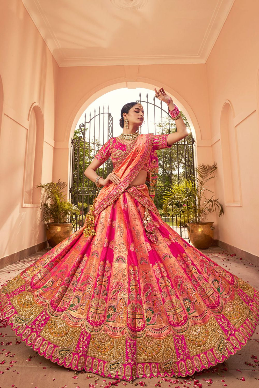 Pink Banarasi Bridal Lehenga Choli In Zarkan Cut Work SFSJDN30801