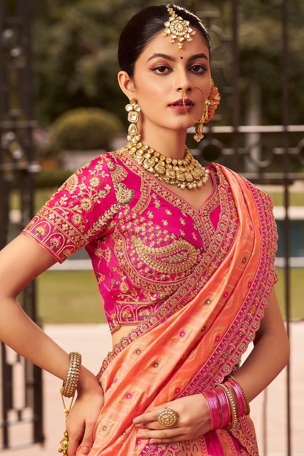 Pink Banarasi Bridal Lehenga Choli In Zarkan Cut Work SFSJDN30801
