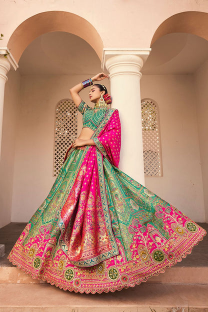 Green Banarasi Bridal Lehenga Choli In Zarkan Cut Work SFSJDN30802