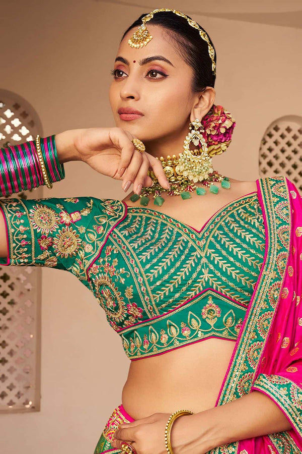 Green Banarasi Bridal Lehenga Choli In Zarkan Cut Work SFSJDN30802