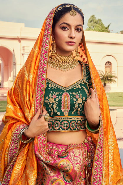 Golden Banarasi Bridal Lehenga Choli In Zarkan Cut Work  SFSJDN30804